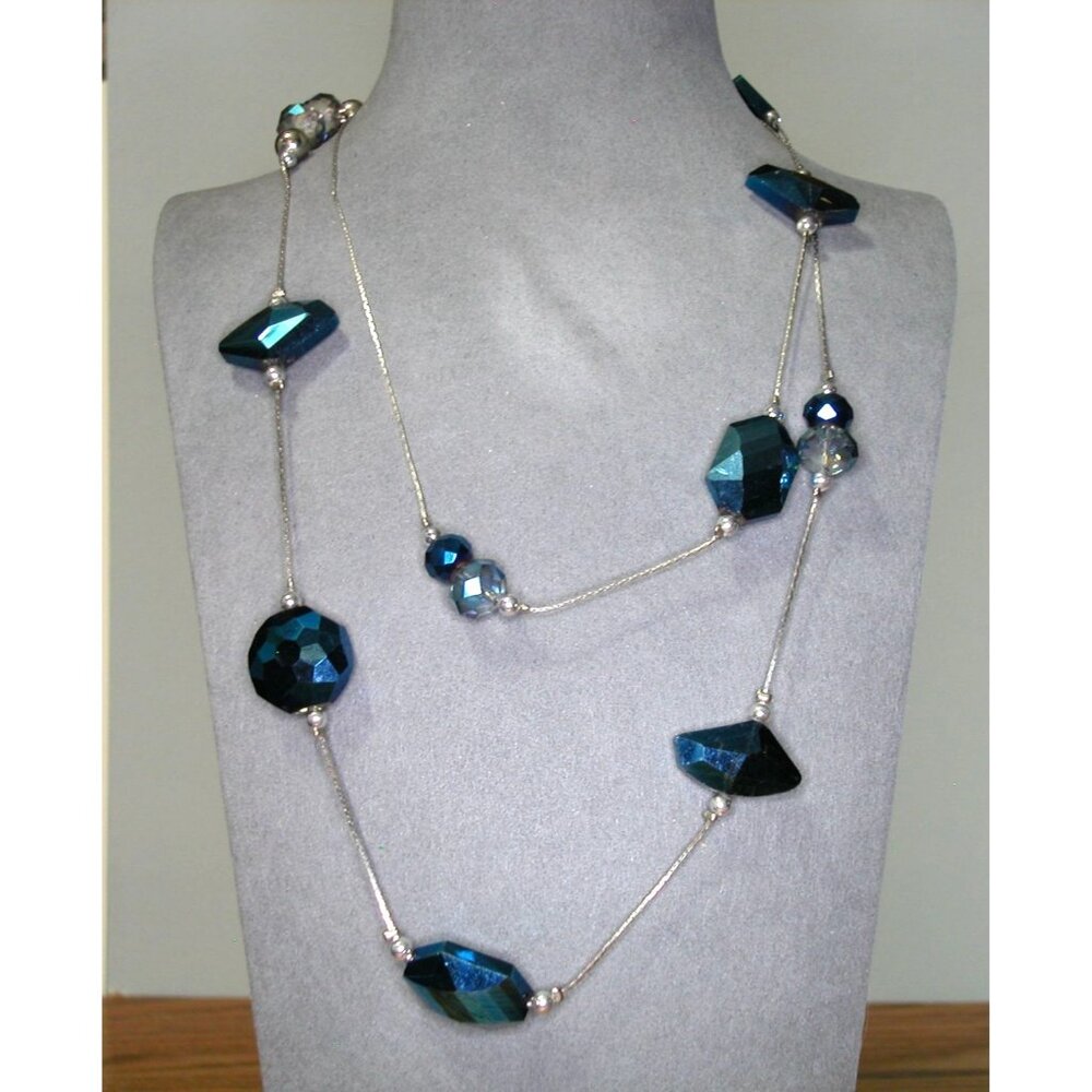 Blue Faceted Glass Bead Necklace 40" W/ Silver Tone Wire & 3" Extension